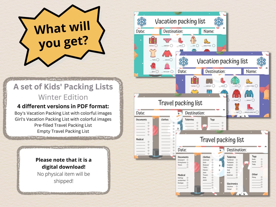 Kids Packing List Vacation Packing List Printable Travel - Etsy