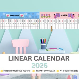 Calendario lineal 2026 Montessori para niños en edad preescolar. Calendario escolar imprimible de pared lineal. Calendario del paso del tiempo para niños pequeños (PDF).