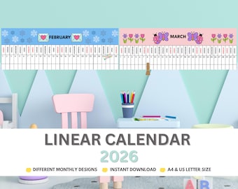 Linear Calendar 2026 Montessori Preschool Kids Calendar School Printable Linear Wall Calendar Passage of Time Calendar for Toddlers PDF