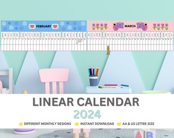 Linear Calendar 2024 Montessori Preschool Kids Calendar School Printable Linear Wall Calendar Passage of Time Calendar for Toddlers PDF