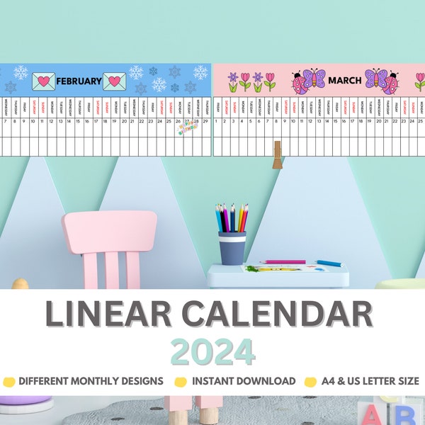 Linear Calendar 2024 Montessori Preschool Kids Calendar School Printable Linear Wall Calendar Passage of Time Calendar for Toddlers PDF
