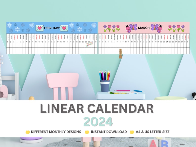 Linear Calendar 2024 Montessori Preschool Kids Calendar School ...