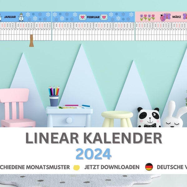 Linear Kalender 2024 Montessori Vorschul Kinderkalender Schule Druckbarer linearer Wandkalender Deutsch Englisch Zeitkalender für Kleinkinder PDF