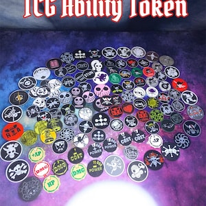 May include: A display of circular TCG Ability Tokens featuring diverse designs such as skulls and symbols, with text. The tokens are in a range of colours, including black, white, red, green, and yellow. The text "TCG Ability Token" and "RetroJoe3D" are visible.