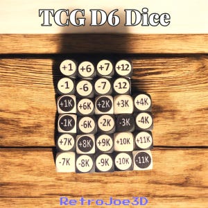 以下が含まれることがあります： 様々な数値とテキストが記載された、白と黒のTCG D6サイコロのコレクション。サイコロは木製の表面に配置されています。「TCG D6 Dice」と「RetroJoe3D」の文字が見えます。