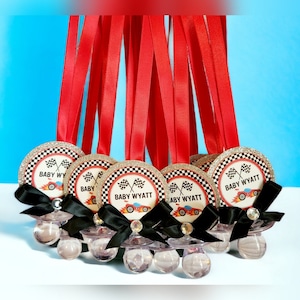 12 Baby Boy Red Black White Silver Race Car Themed Pacifier Necklaces Favors Baby Shower Games (FREE 8 X 10 Gamesheet 1 per order)