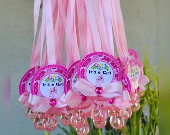 12 collares de chupete con temática de ángel hawaiano de color rosa intenso para niñas, obsequios para baby shower (hoja de juego GRATIS de 8 x 10, 1 por pedido)