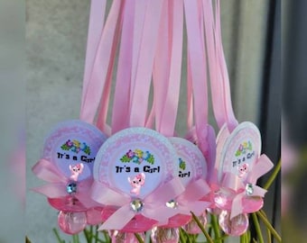 12 collares de chupete con temática de ángel hawaiano rosa claro para niña, regalos para juegos de baby shower (hoja de juego 8 X 10 GRATIS, 1 por pedido)