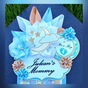 Baby Boy Light Blue Gold White Twinkle Little Star Over the Moon Themed Baby Shower Mommy Badge or Corsage