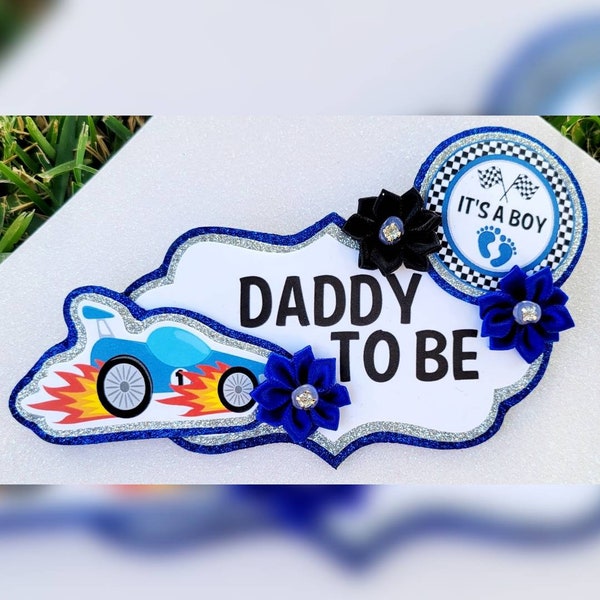 Baby Boy Royal Blue Black White Silver Race Car Themed Daddy Badge