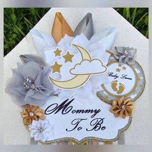 Gold Silver White Twinkle Little Star Over the Moon Themed Baby Shower Mommy Badge or Corsage