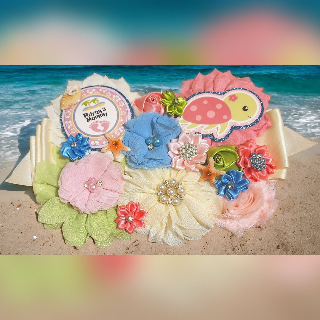 Baby Girl Sea Turtle Beach Themed Baby Shower Mommy Belly Sash Etsy