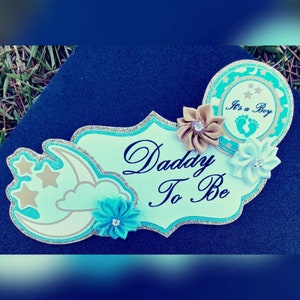 Baby Boy Light Blue Gold White Twinkle Little Star Over the Moon Themed Baby Shower Daddy Badge