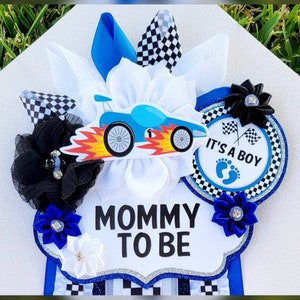 Baby Boy Royal Blue Black White Silver Race Car Themed Mommy Badge or Corsage