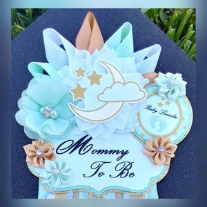 Baby Boy Mint Gold White Twinkle Little Star Over the Moon Themed Baby Shower Mommy Badge or Corsage