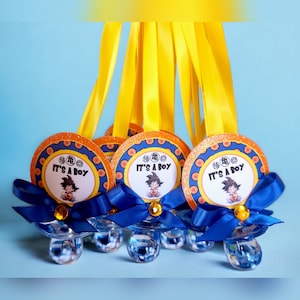 12 Baby Boy Yellow Anime Baby or Anime Chibi Themed Pacifier Necklaces Favors Baby Shower Games (FREE 8 X 10 Gamesheet 1 per order)