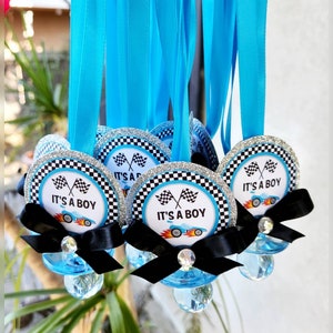 12 Baby Boy Cerulean Blue Black White Silver Race Car Themed Pacifier Necklaces Favors Baby Shower Games (FREE 8 X 10 Gamesheet 1 per order)