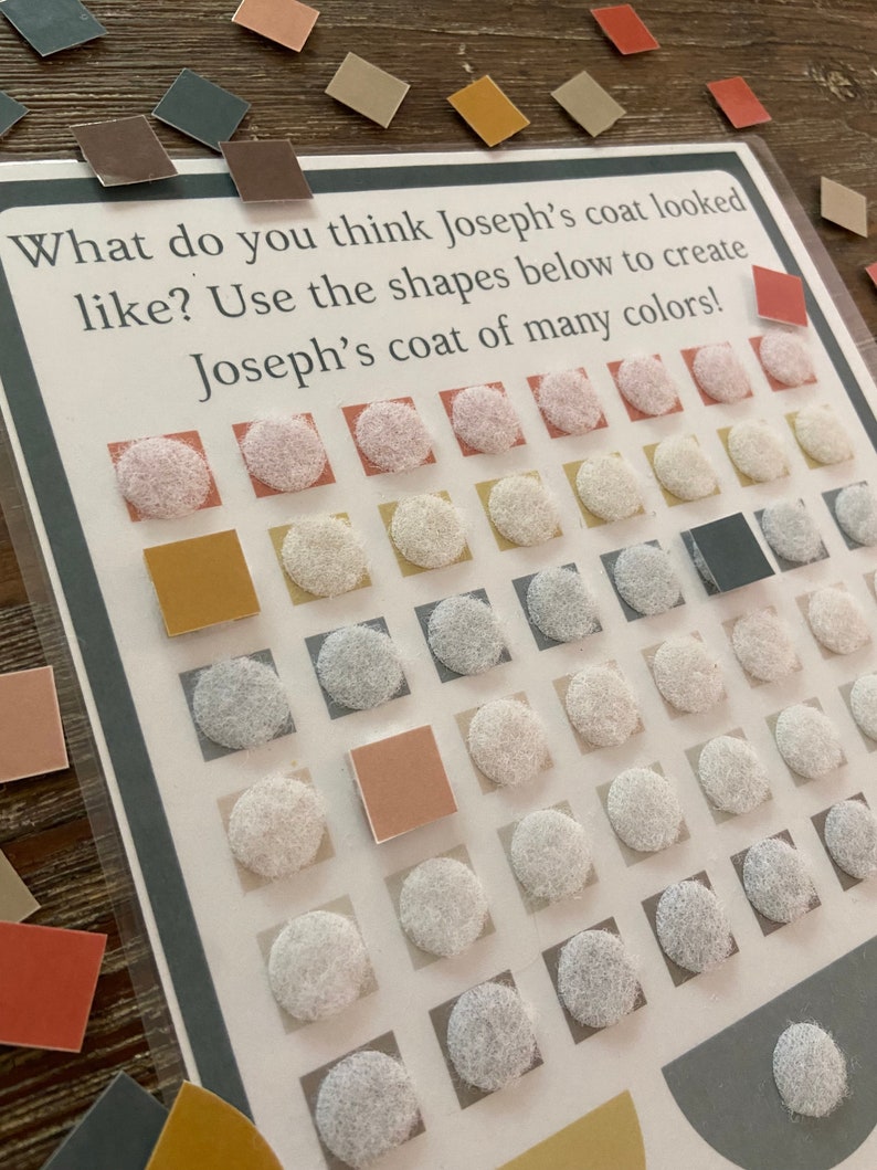May include: A craft activity for children featuring a white sheet of paper with the text "What do you think Joseph's coat looked like? Use the shapes below to create Joseph's coat of many colours!" and a grid of colourful circles and squares.