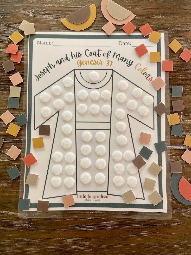 May include: A printable activity sheet for children featuring a coat of many colours with a blank space for each colour. The sheet includes the text "Joseph and his Coat of Many Colours" and "Genesis 37".