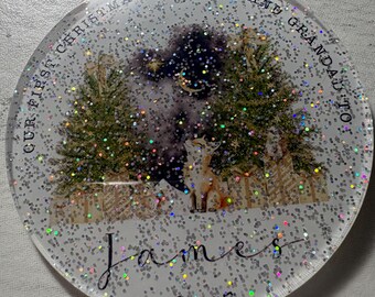 Custom First Christmas Ornament – Glitter Bauble, New Parents Gift