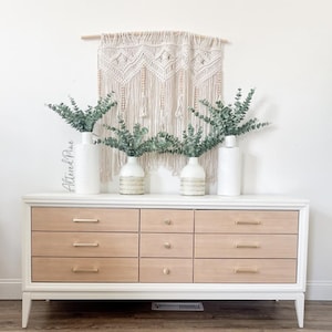 Refinished Vintage Modern 9 Drawer Dresser / Changing Table / Console Table / Buffet / White and Natural Wood Dresser