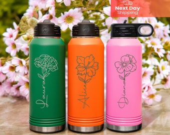 Birth Flower Water Bottle, Birth Month Water Bottle, Flower Custom Name Gift, Stainless Steel Insulated Bottle with Name, Christmas Gift