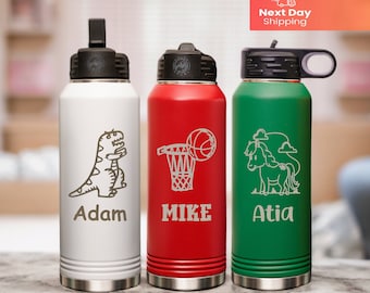 Personalized Kids Water Bottle with Straw, Back to School, 40oz Stainless Steel Custom Laser Engraved for Boys and Girls, Christmas Gift