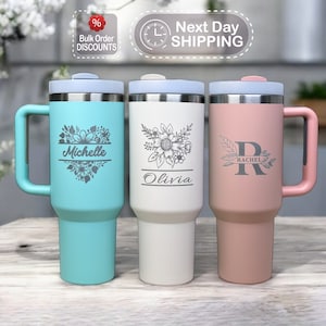 Personalized 40oz Tumbler with Handle & Straw, Laser Engraved Stainless Steel Tumbler, Corporate Custom Logo Tumbler, Christmas Gift,