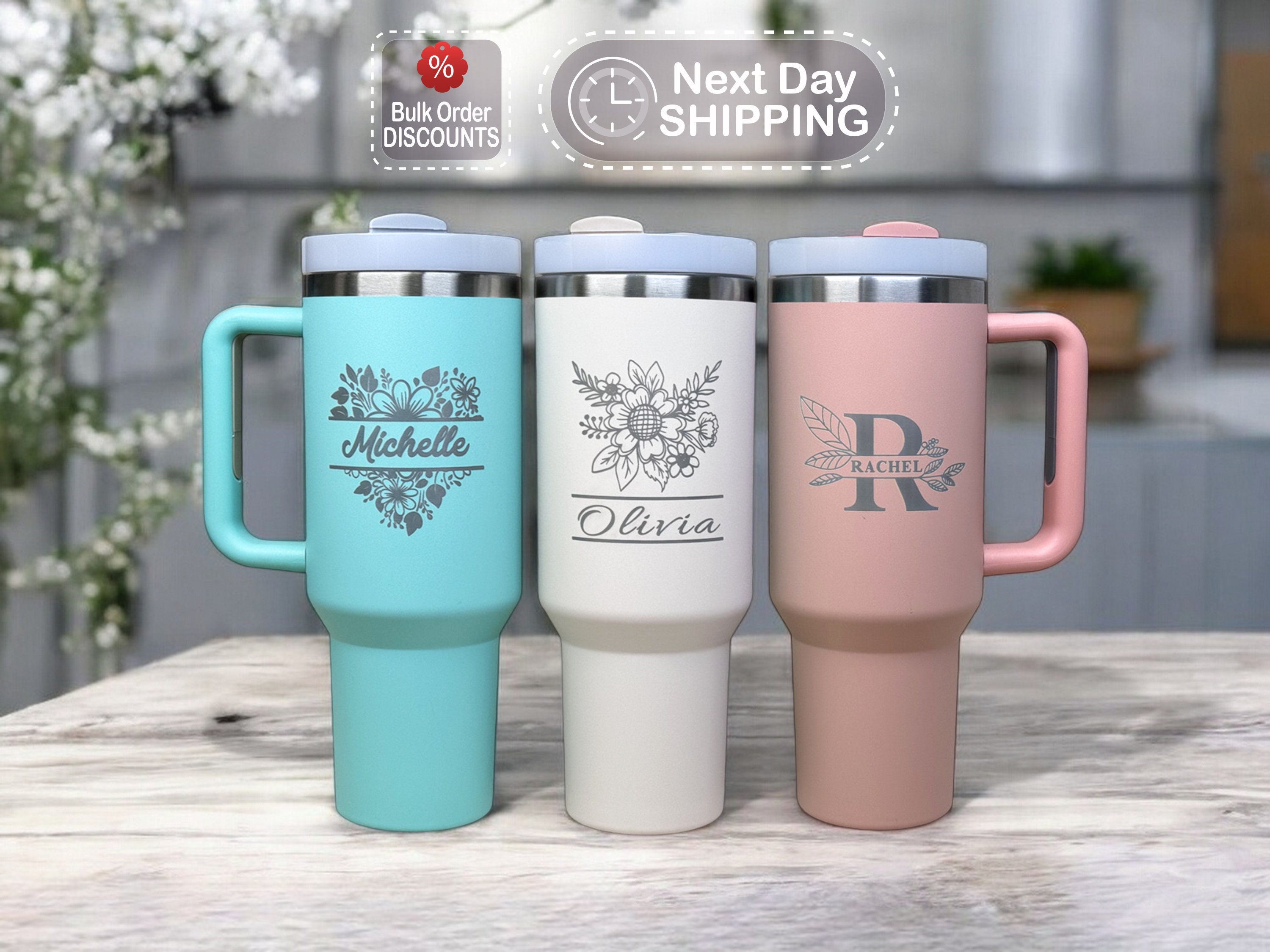 Personalized 40oz Tumbler with Handle & Straw, Laser Engraved Stainless Steel Tumbler, Corporate Custom Logo Tumbler, Christmas Gift,