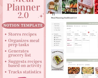 Meal Planning Notion Template 2.0 - Digital Meal Planner and Grocery List - Meal Prep Task Planner - Weekly, Monthly Meal Planner