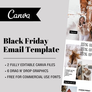 May include: Black Friday email template with a winter theme. The template features a snowy landscape with people wearing winter clothing. The text "It's Black Friday" is displayed in a large font. The template also includes a call to action to "shop the sale now".