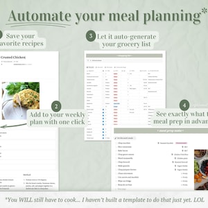 May include: A digital meal planning system is shown, with the text "Automate your meal planning." The system includes features to save recipes, add them to a weekly plan, generate a grocery list, and view meal prep options.