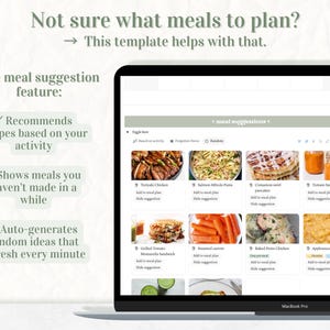 May include: A MacBook Pro displays a meal planning template with the text "Not sure what meals to plan?" and "meal suggestions." The template recommends recipes, shows meals not made in a while, and auto-generates random ideas. The screen shows various meal options.