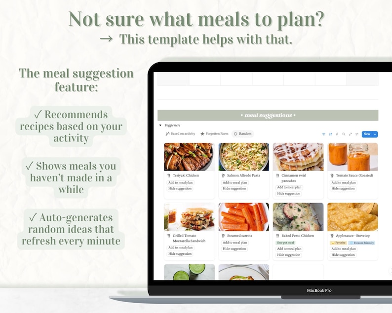 May include: A MacBook Pro displays a meal planning template with the text "Not sure what meals to plan?" and "meal suggestions." The template recommends recipes, shows meals not made in a while, and auto-generates random ideas. The screen shows various meal options.