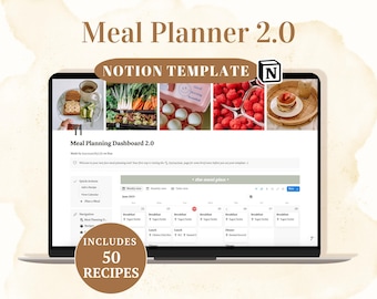 Meal Planning Notion Template 2.0 - Digital Meal Planner and Grocery List - Meal Prep Task Planner - Weekly, Monthly Meal Planner
