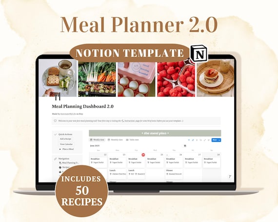 Meal Planning Notion Template 2.0 - Digital Meal Planner and Grocery List - Meal Prep Task Planner - Weekly, Monthly Meal Planner