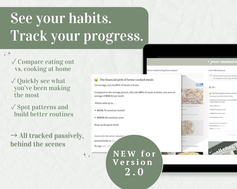 May include: A digital tablet displays habit tracking data with text: "See your habits. Track your progress." Features include comparing eating out vs. cooking at home, and spotting patterns. A pop-up shows financial perks of home-cooked meals.