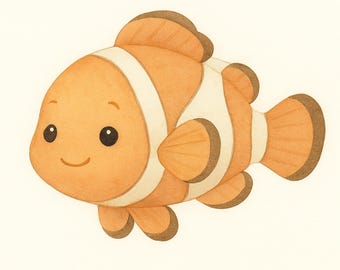 May include: A watercolor illustration of a cartoon clownfish. The fish is orange with white stripes and brown accents. It has a smiling expression and large, dark eyes. The artwork is on a cream-colored background.