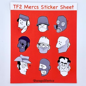 May include: A sticker sheet featuring nine different characters from the video game Team Fortress 2. The characters are drawn in a cartoon style and are all wearing different hats. The sticker sheet is printed on red paper and has the text "TF2 Mercs Sticker Sheet" at the top.