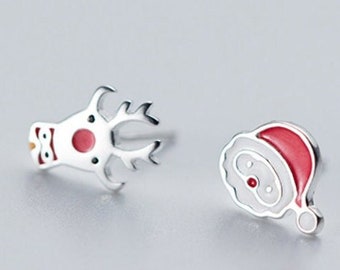 Cute Silver Christmas earrings - Reindeer and Santa Claus - Different Designs for Each Ear - Fun, Unique Holiday Earrings