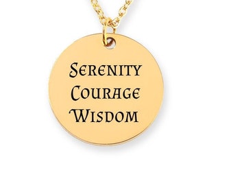 Serenity, Courage, Wisdom Sober Recovery Necklace - Alanon and AA Jewelry - Pendant Gift for Women - Name, Date Can Be Engraved on Back