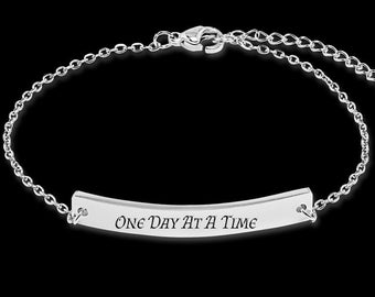 One Day at a Time Steel Bracelet - Alanon and AA Sober Jewelry - AA Gift Women, Friend - Name, Quote, Sober Date Can Be Engraved on Back