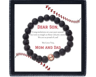 Baseball Charm Volcanic Stone Bracelet for Baseball Fans or Players - Message Inside Gift Box Can Be Personalized