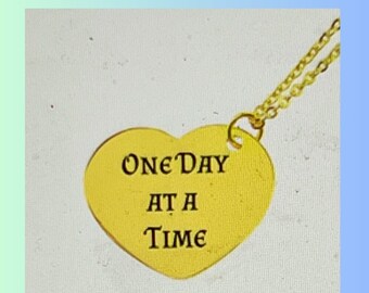 One Day at a Time Sober Recovery Pendant - Alanon and AA Jewelry - Heart Necklace Gift for Women - Name, Sober Date Can Be Engraved on Back