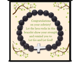 Cross Lava Rock Sobriety Recovery Bracelet - Gift for Men or Women in AA or Alanon - Thoughtful 12 Step or Religious Gift for Friend