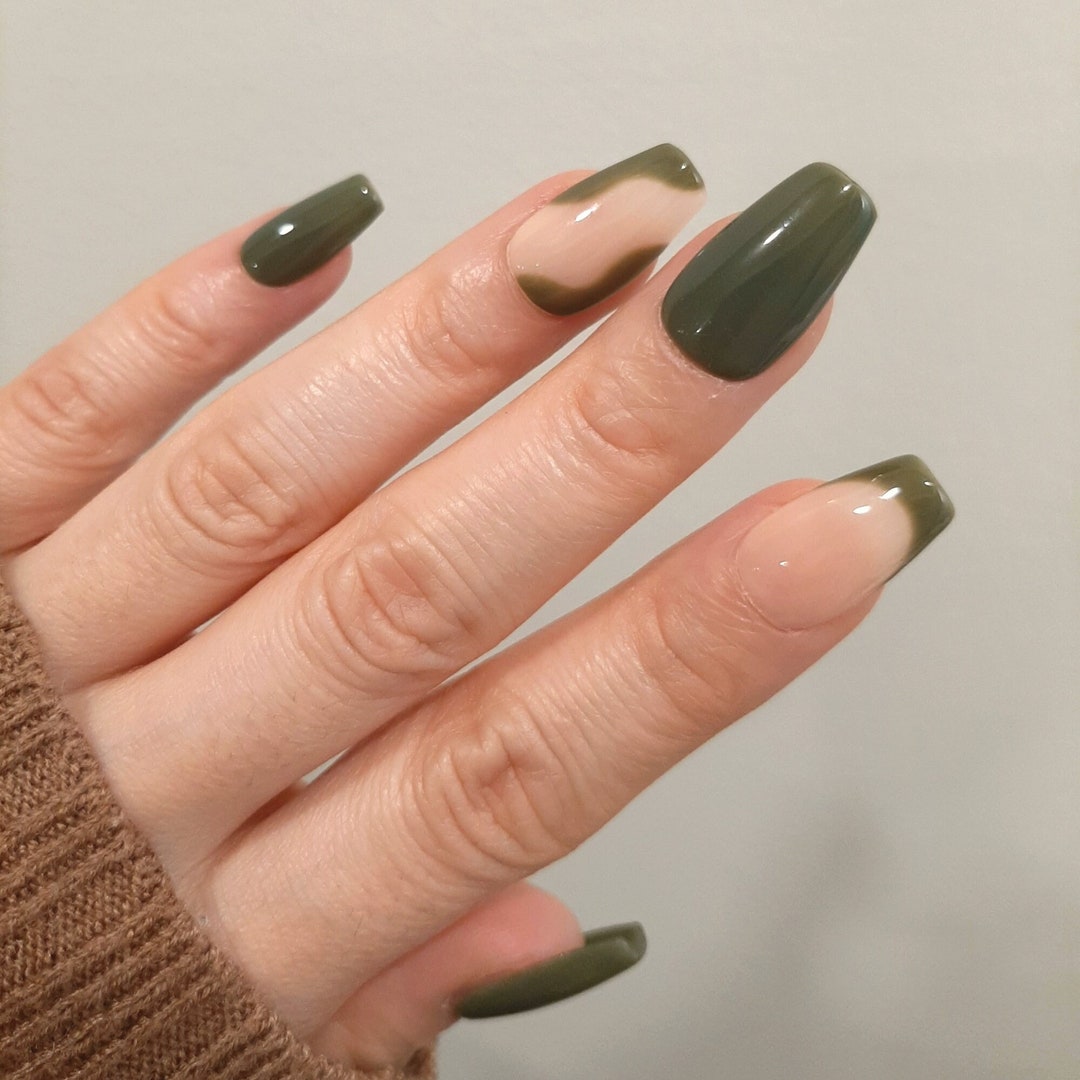 Green Tea Nails Swirl Press on Nails French Tip Nails Etsy