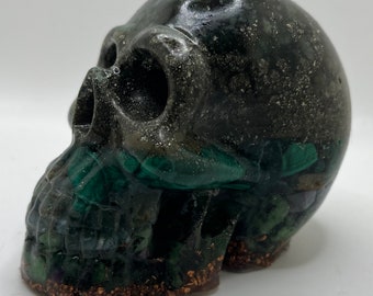 XXL Prosperity Crystal Skull Ltd. Ed.  2.99”-4.64”-3.54” 30 oz/850.49 g Emerald/Pyrite/Malachite/Green Moss Agate/Ruby Zoisite/Copper/Brass