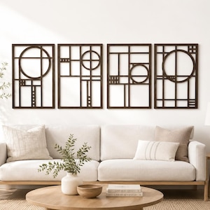 Arte mural inspirado en Frank Lloyd Wright, decoración moderna de mediados de siglo, decoración de pared para sala de estar, adorno de pared de madera, arte extragrande