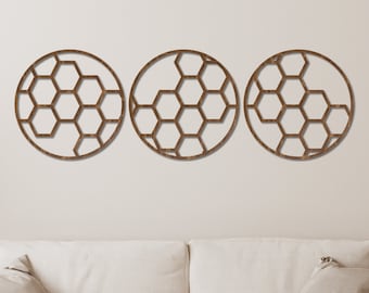 Hexagon Modern Wood Wall Art,  Honeycomb Wood Wall Decor, Circular Geometric Art, Mid Century Modern Style Decor For Living Room And Bedroom