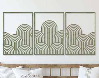 Boho Midcentury Modern Wall Decor, 3 Panel Bedroom or Living Room Wall Art, Abstract Wall Hanging